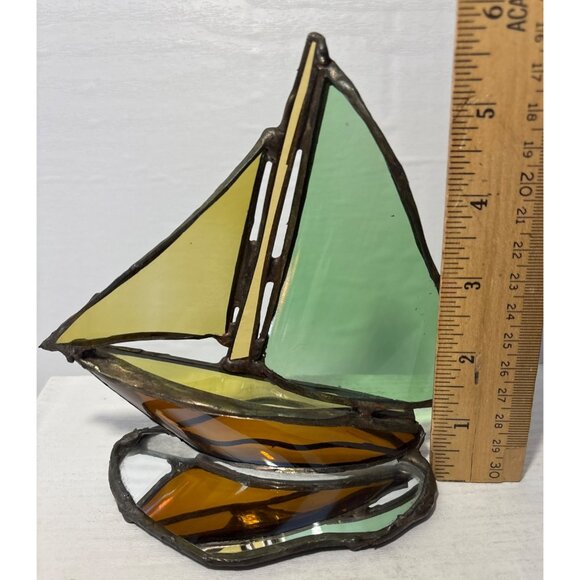Stained Glass Sailboat Mirrored Base 6" Tall Green Yellow Brown Beach Lakehouse - Picture 6 of 8